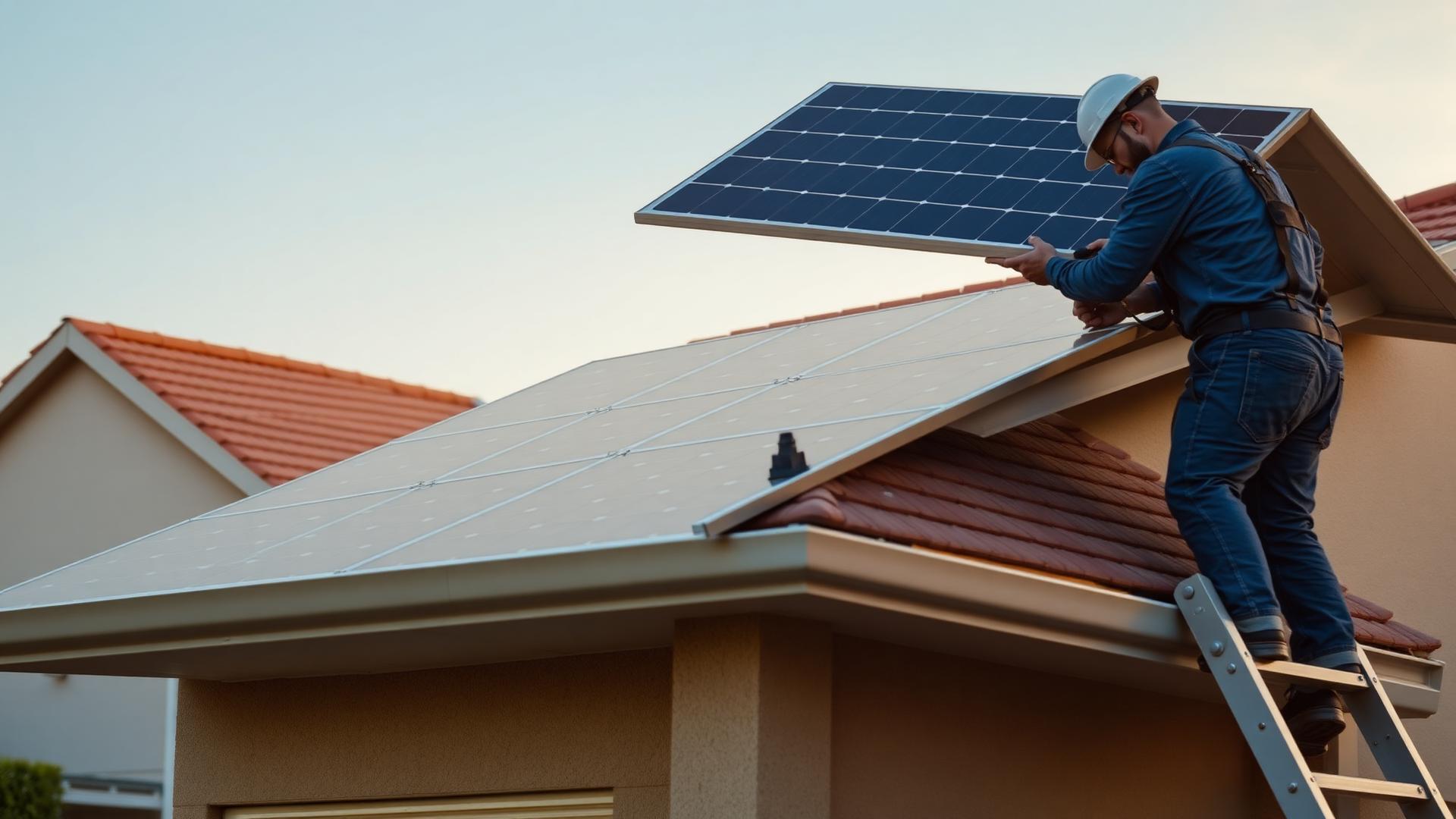 Technician installing solar panels on a suburban home